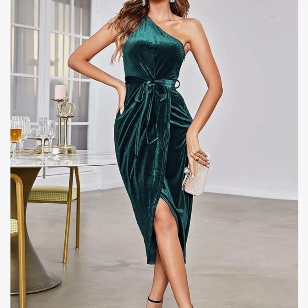Merokeety Women's Emerald One Shoulder Velvet Wrap Slit Midi Dress NWT Size L